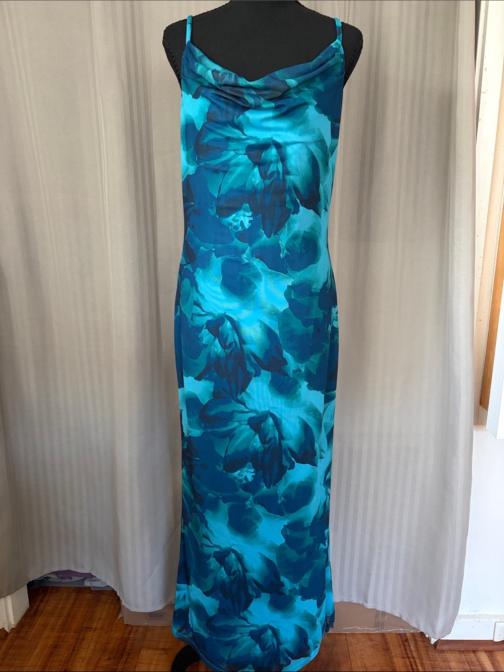 Teal Floral Cowl-Neck Maxi Dress